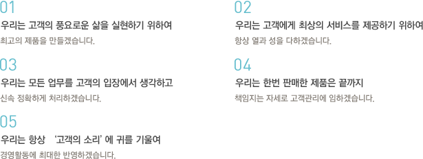 01.우리는 고객의 풍요로운 삶을 실현하기 위하여 최고의 제품을 만들겠습니다.
02.우리는 고객에게 최상의 서비스를 제공하기 위하여 항상 열과 성을 다하겠습니다.
03.우리는 모든 업무를 고객의 입장에서 생각하고 신속 정확하게 처리하겠습니다.
04.우리는 한번 판매한 제품은 끝까지 책임지는 자세로 고객관리에 임하겠습니다.
05.우리는 항상 '고객의 소리'에 귀를 기울여 경영활동에 최대한 반영하겠습니다.